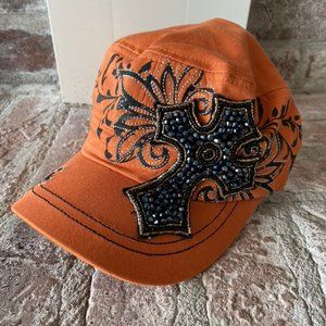 Orange bling cross trucker hat
